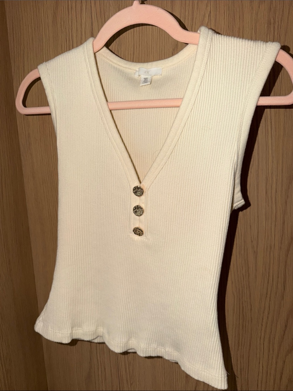 H&M Cream Ribbed V-Neck Tank with Decorative Buttons